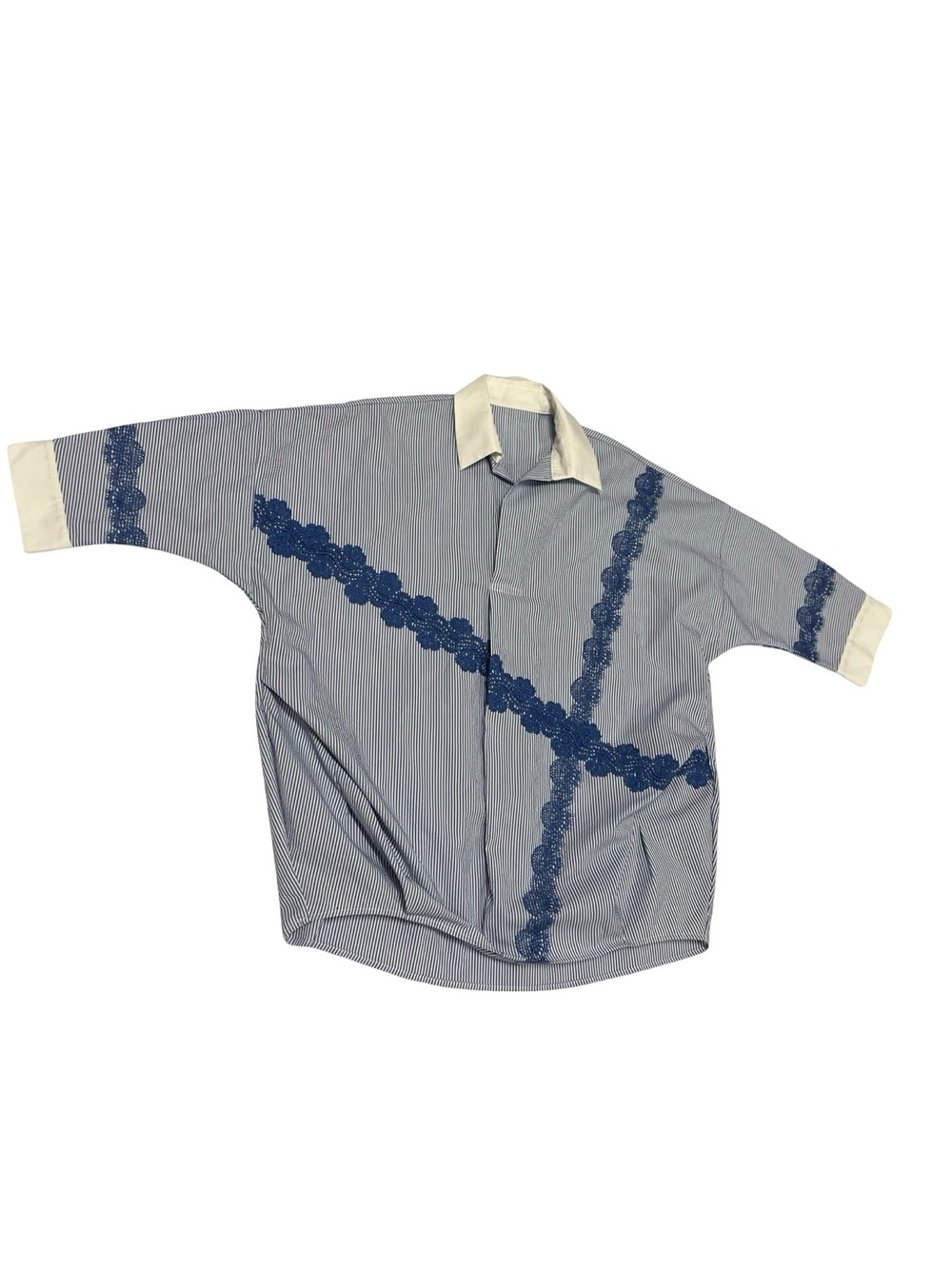 ATSURO TAYAMA AT Blouse Top Blue White Stripe Lace Appliqué Sz 34 Like S Career